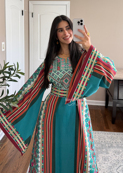 Turquoise Majdlawe Kasab Long Full Embroidered Thobe