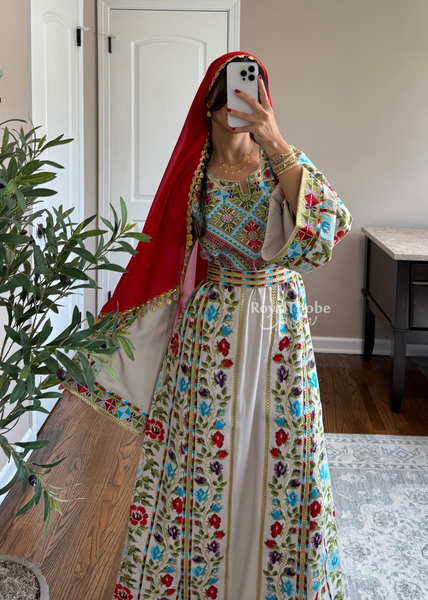 Beige/Cream Colorful Wardeh Kasab Long Full Embroidered Thobe