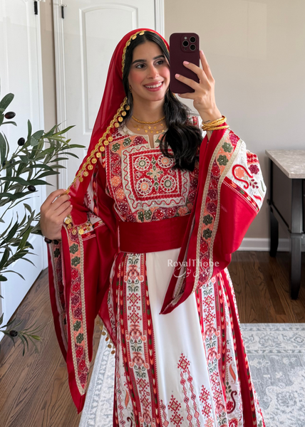 White/ Red Satin Maleka Kasab Full Embroidered Thobe