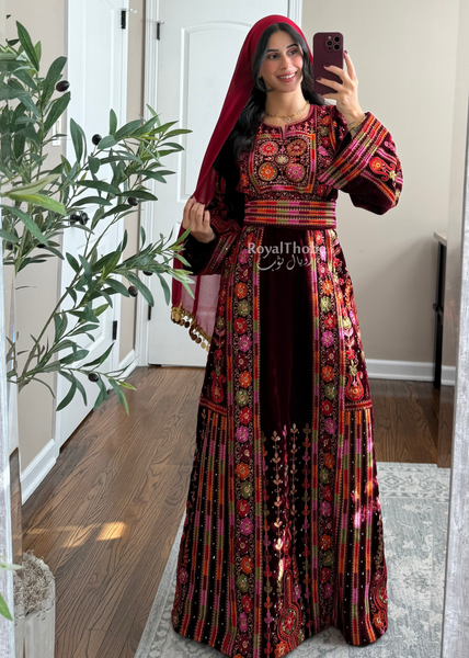 Velvet Burgundy Maleka Floral Long Fully Embroidered Thobe