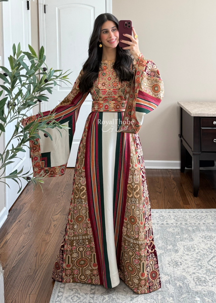 Cream Floral Majdlawe Maleka Long Full Embroidered Thobe