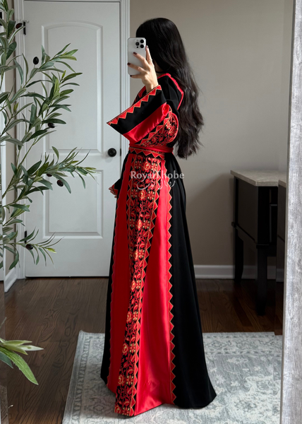 Black/Red Classic Simple Satin Long Full Embroidered Thobe