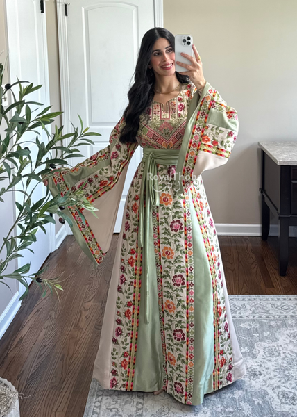 Beige/Sage Floral Long Full Embroidered Thobe