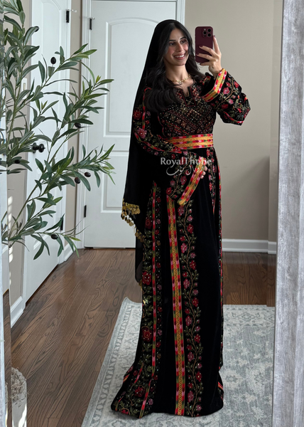 Velvet Black Floral Manajel Long Fully Embroidered Thobe