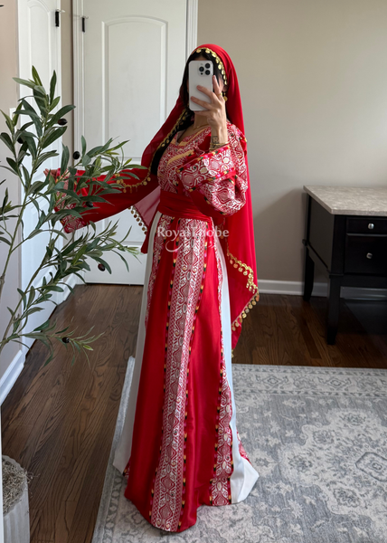 White/ Red Satin Classic Full Embroidered Thobe