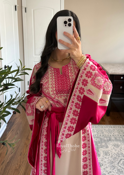 Beige/Pink Floral Long Full Embroidered Thobe