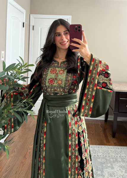 Olive Green Satin & Black Velvet Maleka Fully Embroidered Thobe