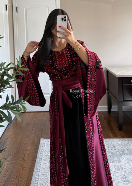 Black/Burgundy Long Full Embroidered Thobe