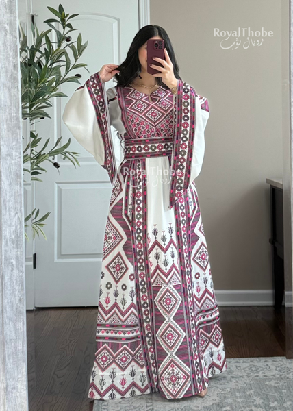 White/Purple Dimond Long Full Embroidered Thobe