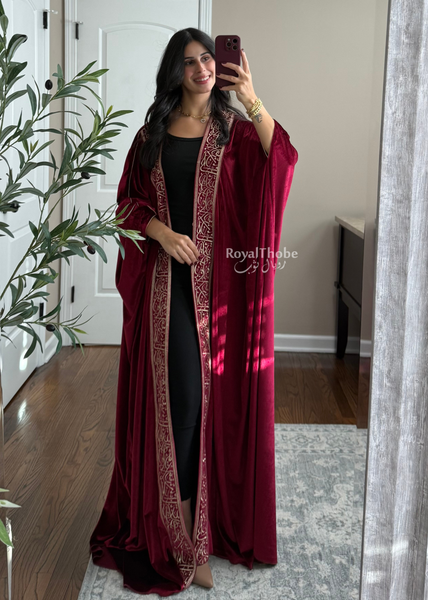 Burgundy Velvet Arabic Letter Bisht -Free Size