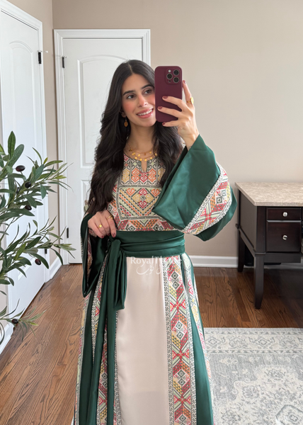 Beige/Olive Green Simple Full Embroidered Thobe