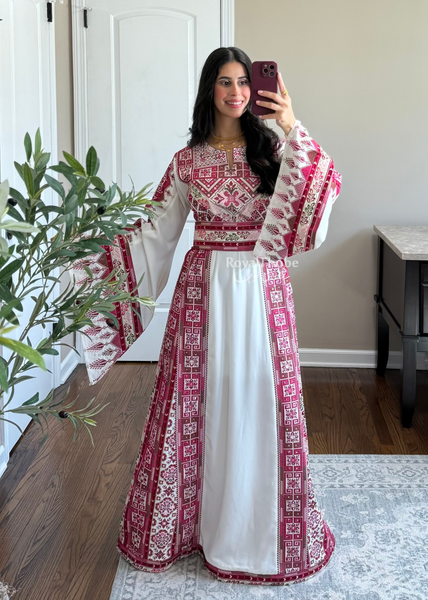 White/ Pinkish Maroon Simple Full Embroidered Thobe