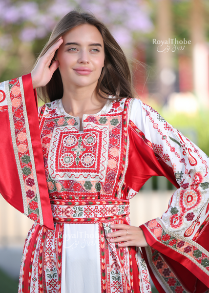 White/Red Flower Maleka Full Embroidered Thobe With Red Satin Reversible Belt