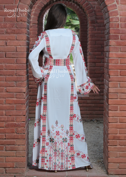 White/Red Simple Flower Long Full Embroidered Thobe