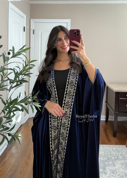Navy Blue Velvet Kasab Gold Squares Bisht  -Free Size