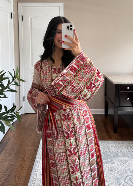 Beige/ Cream Saya Vintage Straight Cut Full Embroidered Thobe