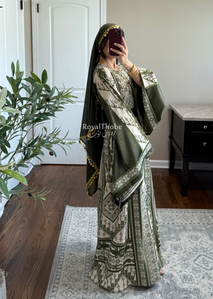 Beige/ Olive Green Malekah Full Embroidered Thobe