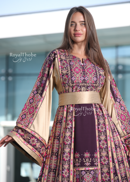 Purple/Beige Long Full Embroidered Thobe With Reversible Beige Satin Belt