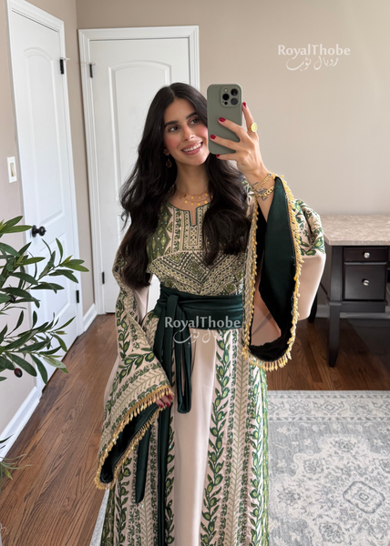 Beige/ Olive Green Zaytona Branches Full Embroidered Thobe With Fringe Sleeves