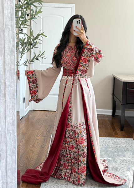 Bridal Beige/Burgundy Warda Full Embroidered Thobe