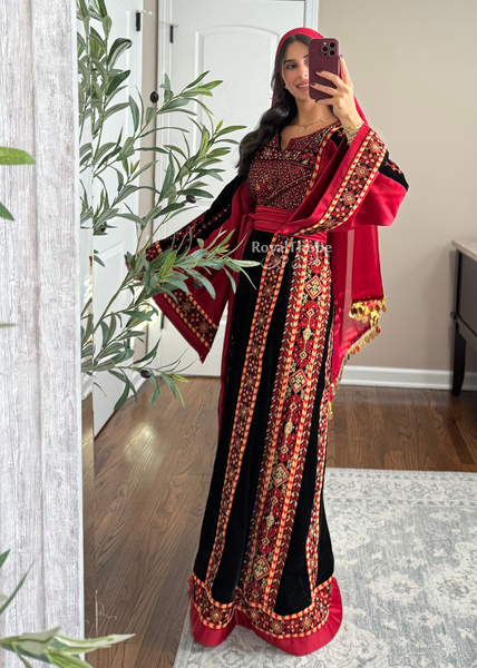 Velvet Black/Burgundy Simple Long Fully embroidered Thobe