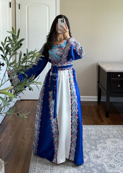 White/ Blue Satin Classic Full Embroidered Thobe