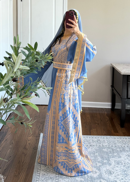 Blue /Gold Flower Malekah Full Embroidered Thobe