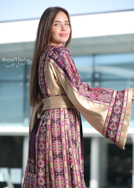 Purple/Beige Long Full Embroidered Thobe With Reversible Beige Satin Belt