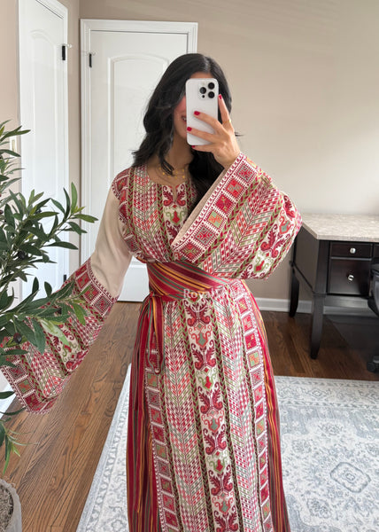 Beige/ Cream Saya Vintage Straight Cut Full Embroidered Thobe