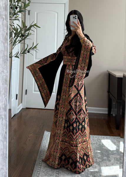 Black//Gold Dimond Long Full Embroidered Linen Fabric Thobe