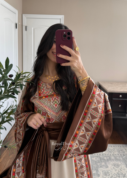 Beige/Brown Triangle Full Embroidered Thobe