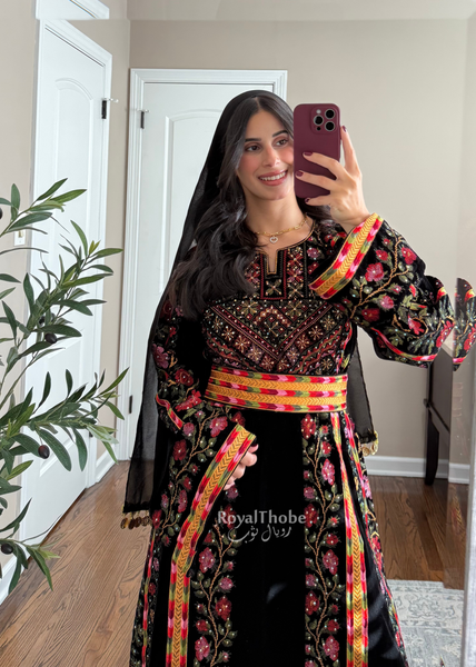 Velvet Black Floral Manajel Long Fully Embroidered Thobe