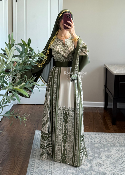 Beige/ Olive Green Malekah Full Embroidered Thobe