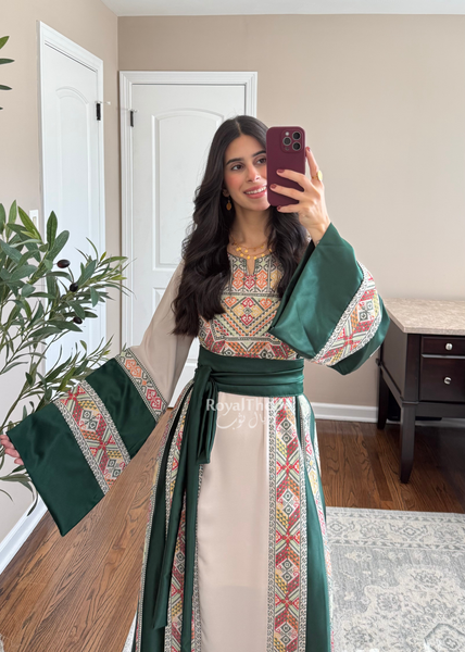 Beige/Olive Green Simple Full Embroidered Thobe
