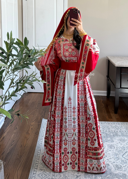 White/ Red Satin Maleka Kasab Full Embroidered Thobe
