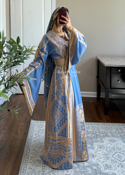Blue /Gold Flower Malekah Full Embroidered Thobe