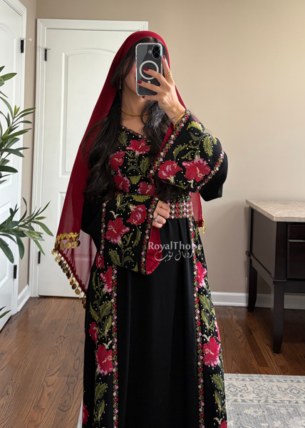 Floral Black/Red Long Full Embroidered Thobe