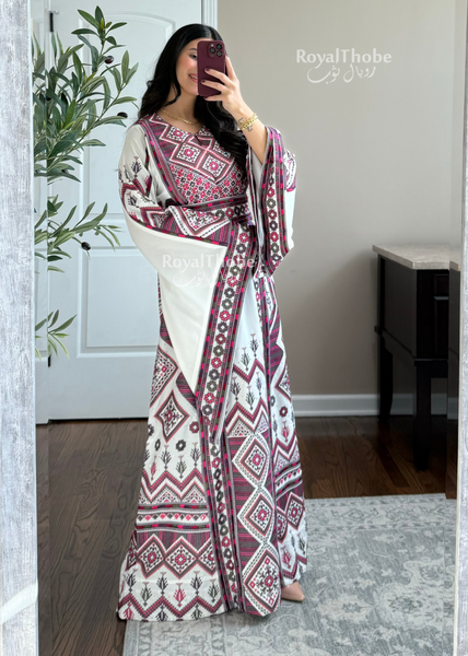 White/Purple Dimond Long Full Embroidered Thobe