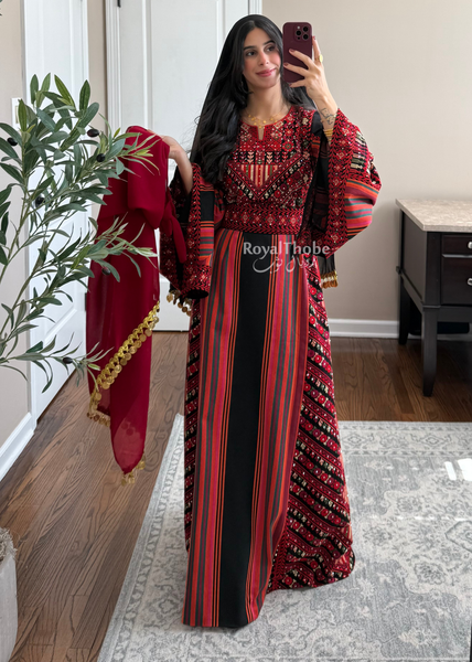 Black/Red Majdlawe Long Full Embroidered Thobe