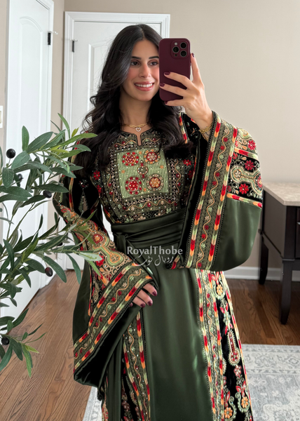 Olive Green Satin & Black Velvet Maleka Fully Embroidered Thobe