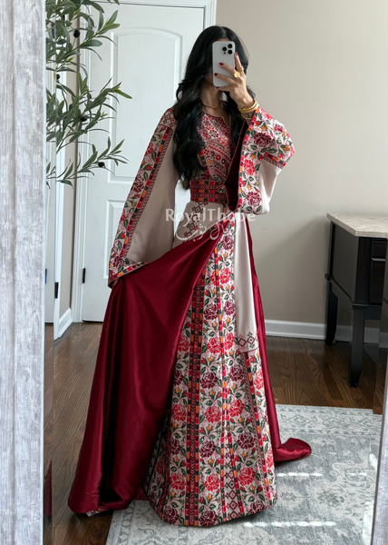 Bridal Beige/Burgundy Warda Full Embroidered Thobe