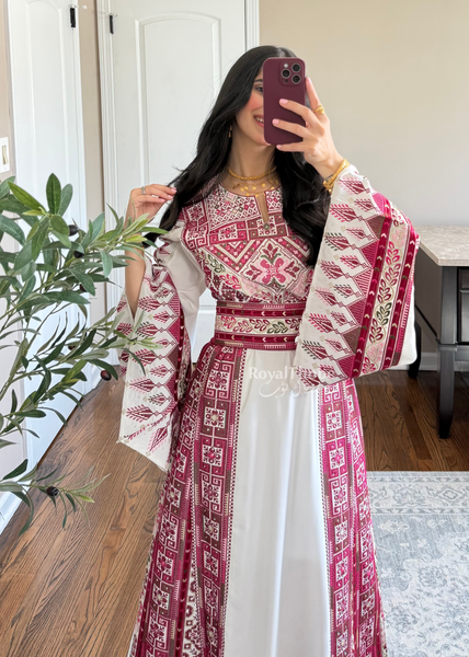 White/ Pinkish Maroon Simple Full Embroidered Thobe