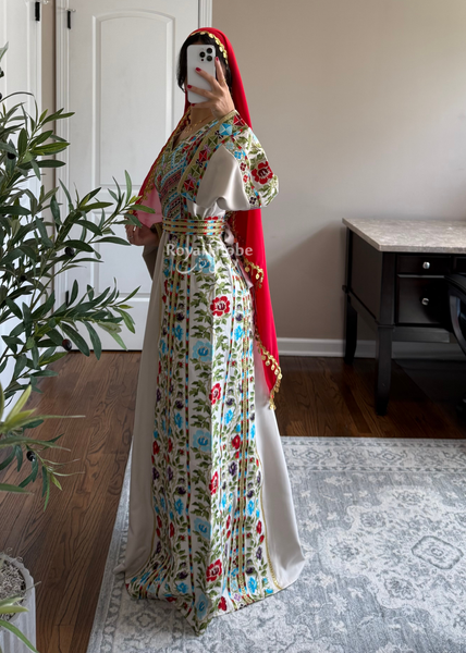 Beige/Cream Colorful Wardeh Kasab Long Full Embroidered Thobe