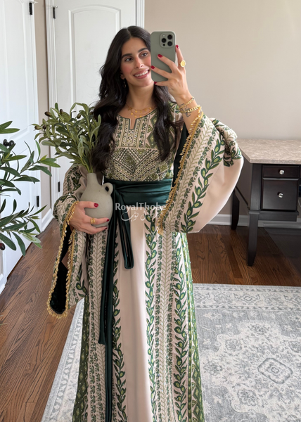 Beige/ Olive Green Zaytona Branches Full Embroidered Thobe With Fringe Sleeves