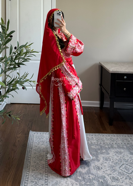 White/ Red Satin Classic Full Embroidered Thobe