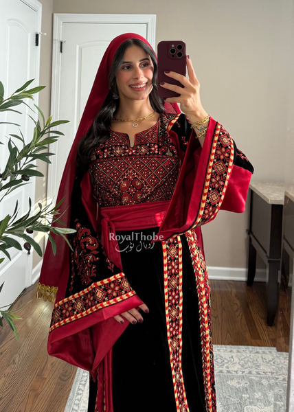 Velvet Black/Burgundy Simple Long Fully embroidered Thobe