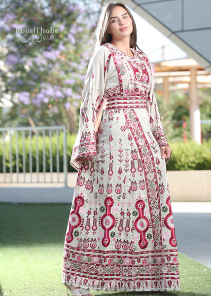 Beige/Burgundy Flower Maleka Long Full Embroidered Thobe