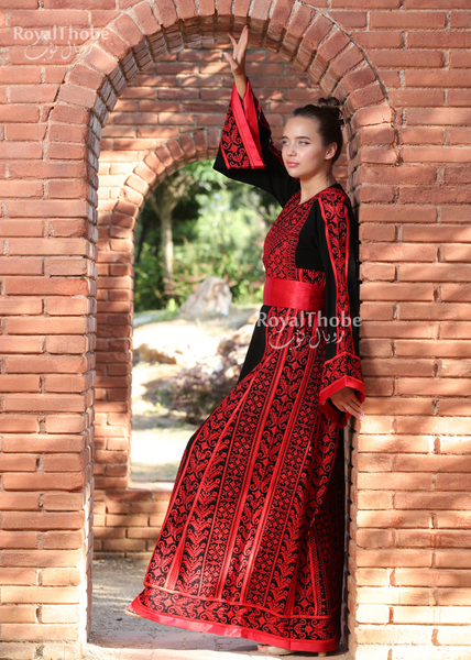 Black/Red A Cut Long Full Embroidered Thobe With Reversible Red Satin Belt