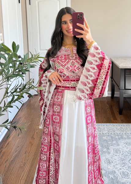 White/ Pinkish Maroon Simple Full Embroidered Thobe