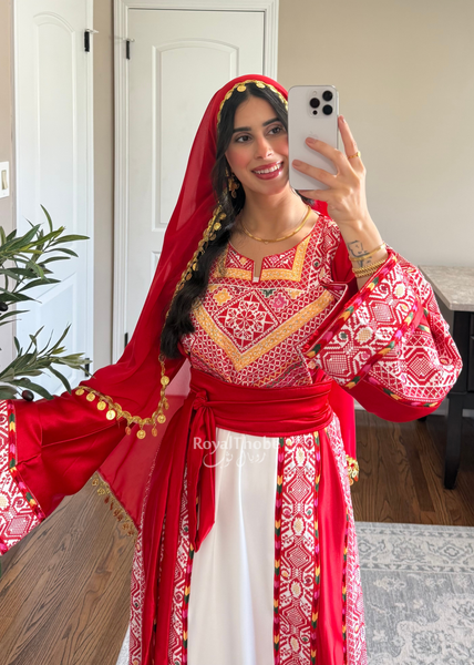 White/ Red Satin Classic Full Embroidered Thobe